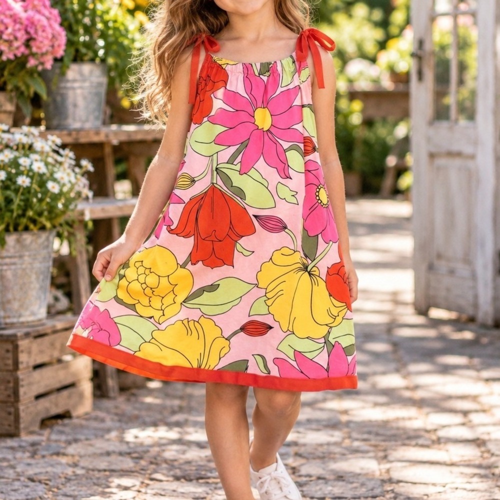 Hanna Andersson Girls Floral Tie Shoulder Cotton Dress Size 120 US 6-7 Pink